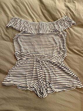 Splendid Striped Off-Shoulder Romper in Navy and White